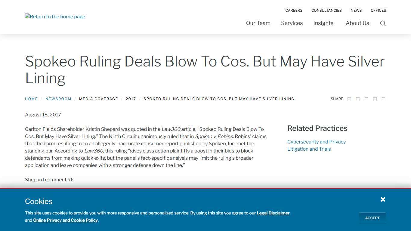 Spokeo Ruling Deals Blow To Cos. But May Have Silver Lining Carlton Fields